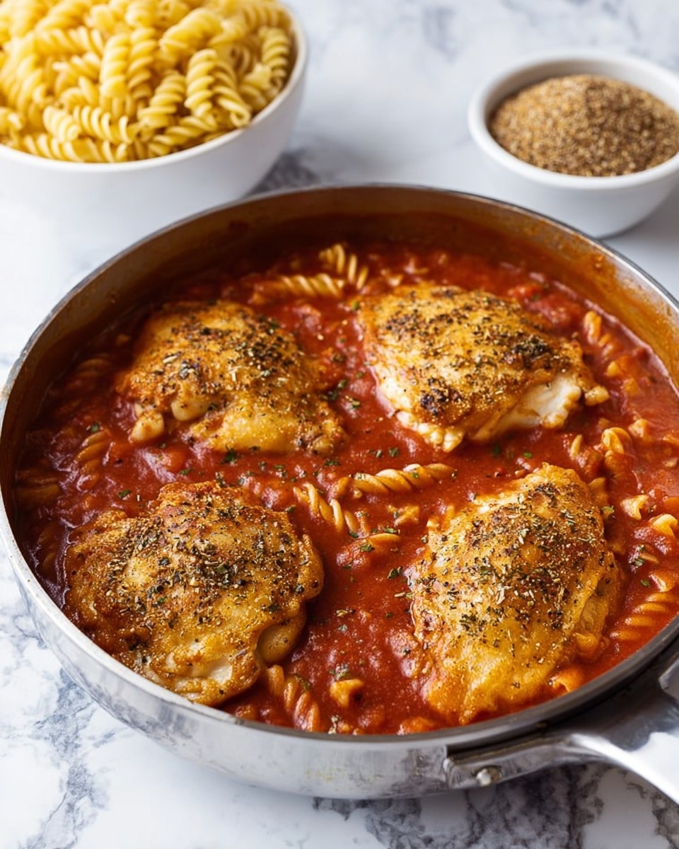 A shiny metal pan filled with a thick red tomato sauce as the base layer, visible with small bits of herbs and spices throughout. Inside the sauce, there are four large pieces of golden-brown chicken seasoned with black pepper and herbs placed evenly across the pan’s surface. A few spiral pasta pieces peek through the sauce around the chicken. In the background on a white marbled surface, there is a white bowl filled with cooked yellow spiral pasta and another small white bowl containing a brown textured ingredient. photo taken with an iphone --ar 4:5 --v 7
