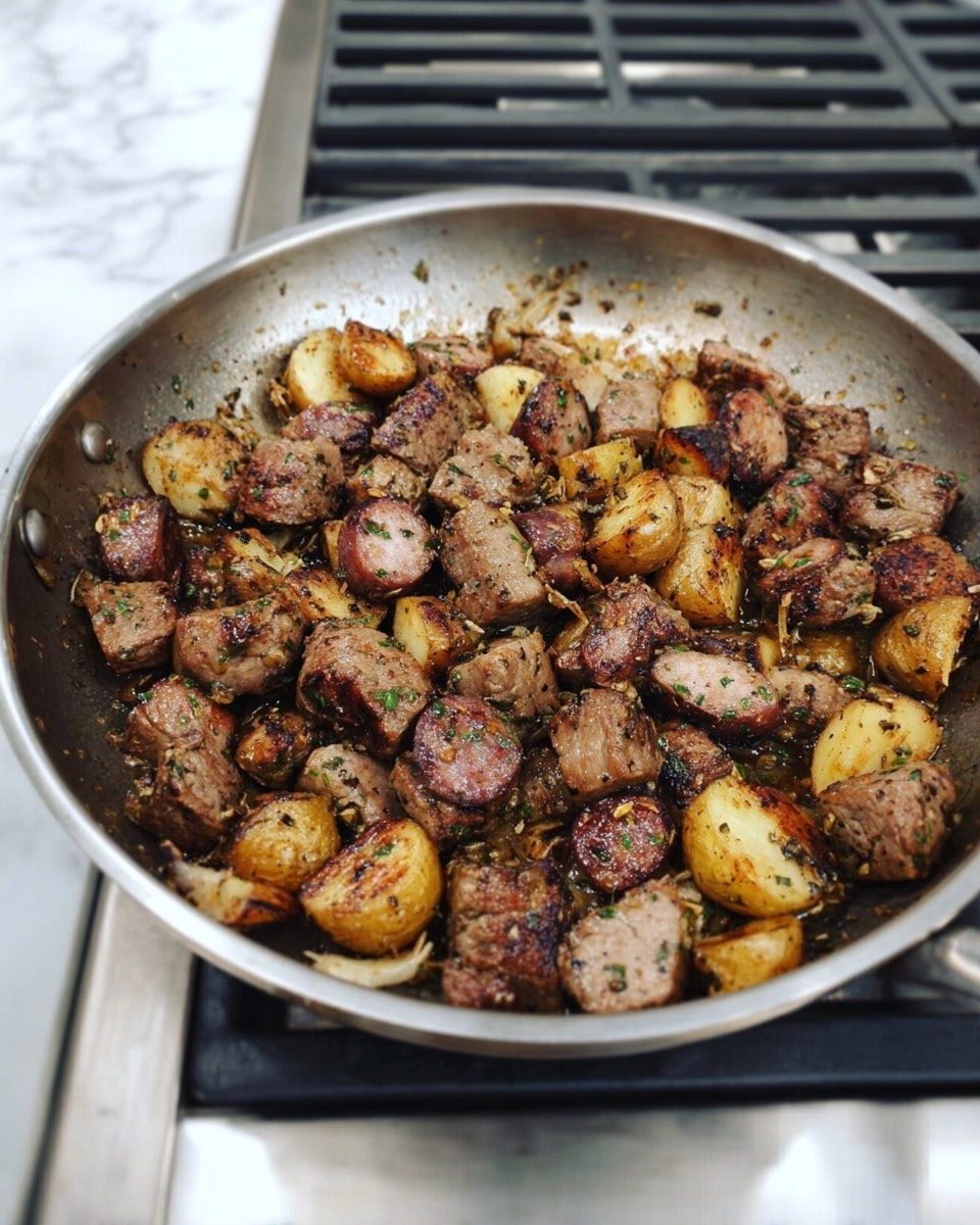 A metal frying pan filled with bite-sized pieces of browned meat mixed with small, golden-brown roasted potatoes and slices of sausage. The ingredients are cooked with visible herbs and spices, creating a mix of soft and crispy textures. The pan sits on a metal stove grate, and the background surface shows a white marbled texture. photo taken with an iphone --ar 4:5 --v 7