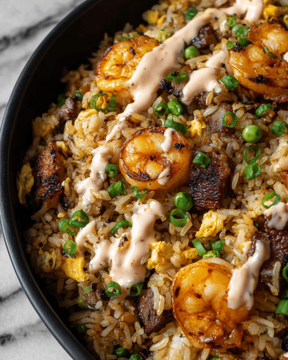 This is a close-up view of a dish with grilled shrimp and pieces of cooked meat mixed into fried rice. The fried rice is golden brown with darker crunchy parts, scattered with small green peas and chopped green onions. The shrimp are a shiny orange with grill marks, and the meat pieces are browned. A light pink creamy sauce is drizzled over the whole dish, adding a smooth texture contrast. The food sits in a shallow black bowl, with the background showing a white marbled surface. Photo taken with an iphone --ar 4:5 --v 7