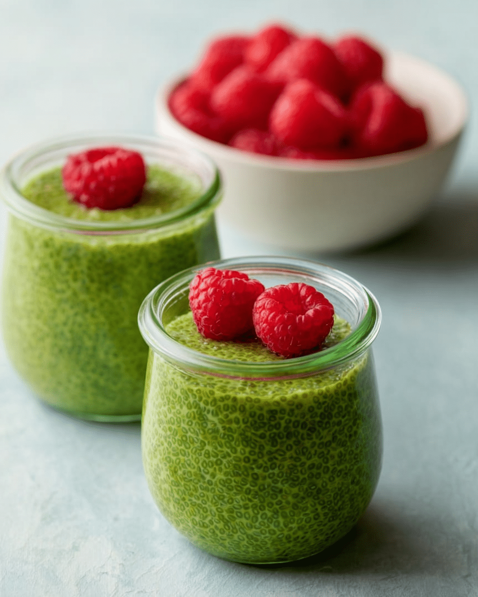 Two clear glass jars are filled almost to the top with a bright green chia pudding, showing a slightly bumpy texture from the chia seeds throughout the mixture. On the smooth surface of each jar, two fresh red raspberries sit side by side, adding a pop of color. Behind the jars, a white bowl holds more raspberries, placed on a white marbled surface. The overall look is fresh and inviting, with the green pudding and red raspberries creating a nice contrast. photo taken with an iphone --ar 4:5 --v 7