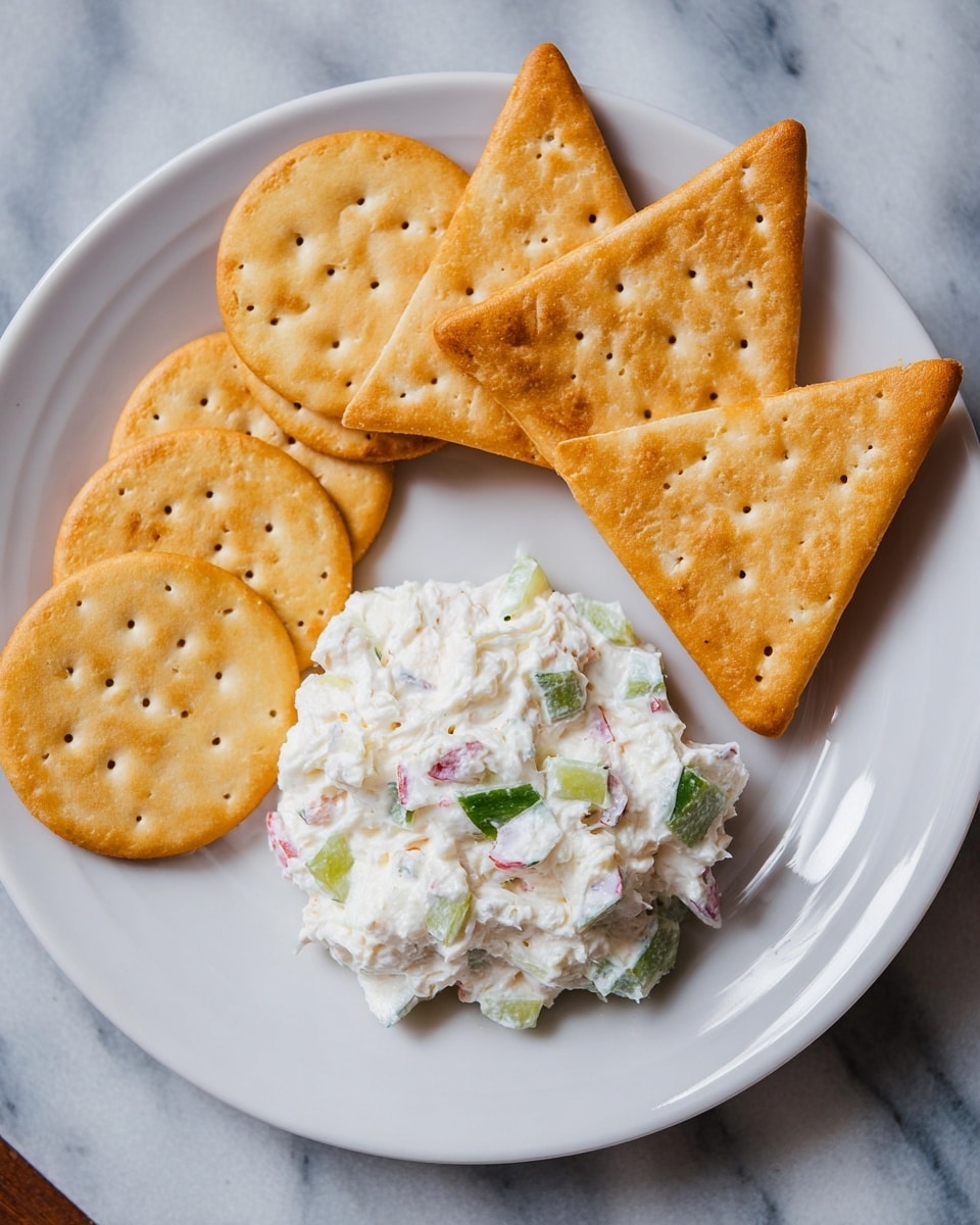 A white plate holds a small pile of creamy white spread mixed with small pieces of green and pink, placed at the bottom center. Above the spread are six crackers: three round ones with light golden color and small holes evenly spaced, positioned overlapping each other in a row; behind and slightly to the left are three golden-brown triangular crackers with a toasted look. The plate sits on a white marbled surface. photo taken with an iphone --ar 4:5 --v 7