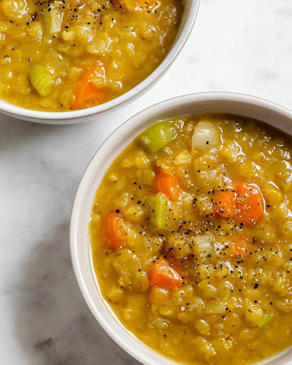 Two white bowls sit on a white marbled surface; one is mostly out of view in the top left corner, filled with thick, yellow-green split pea soup with a slightly chunky texture. The other bowl, centered and more visible, contains the same soup but shows distinct pieces of bright orange carrot, translucent onion, and green celery, all immersed in a hearty, thick broth. The soup has a glossy surface, sprinkled generously with coarse black pepper, adding texture and contrast to the warm, earthy tones of the soup. photo taken with an iphone --ar 4:5 --v 7