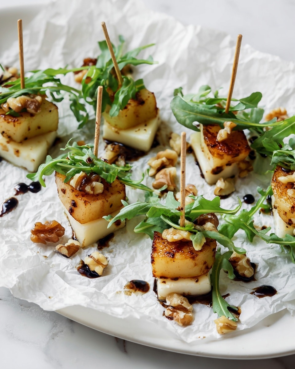 The image shows small skewers arranged on crumpled white paper on a white plate, placed on a white marbled surface. Each skewer has three layers: a golden-brown toasted pear slice at the top, followed by fresh green arugula leaves in the middle, and a smooth, creamy white cheese cube with chunks of light brown walnuts on the bottom. Small droplets of dark balsamic glaze are scattered over the skewers and the paper, creating a contrast with the light colors. Photo taken with an iphone --ar 4:5 --v 7