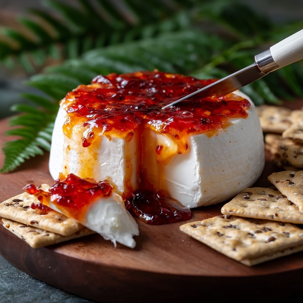 A close-up image of a soft cheese block topped with bright orange-red jelly or jam with a shiny, sticky texture, placed slightly off center on a flat round wooden board, surrounded by pale tan rectangular crackers with visible seeds, some stacked and one cracker topped with a creamy white cheese layer and a swirl of the same jelly, beside a short knife with a white handle lying on the board, photo taken with an iphone --ar 4:5 --v 7