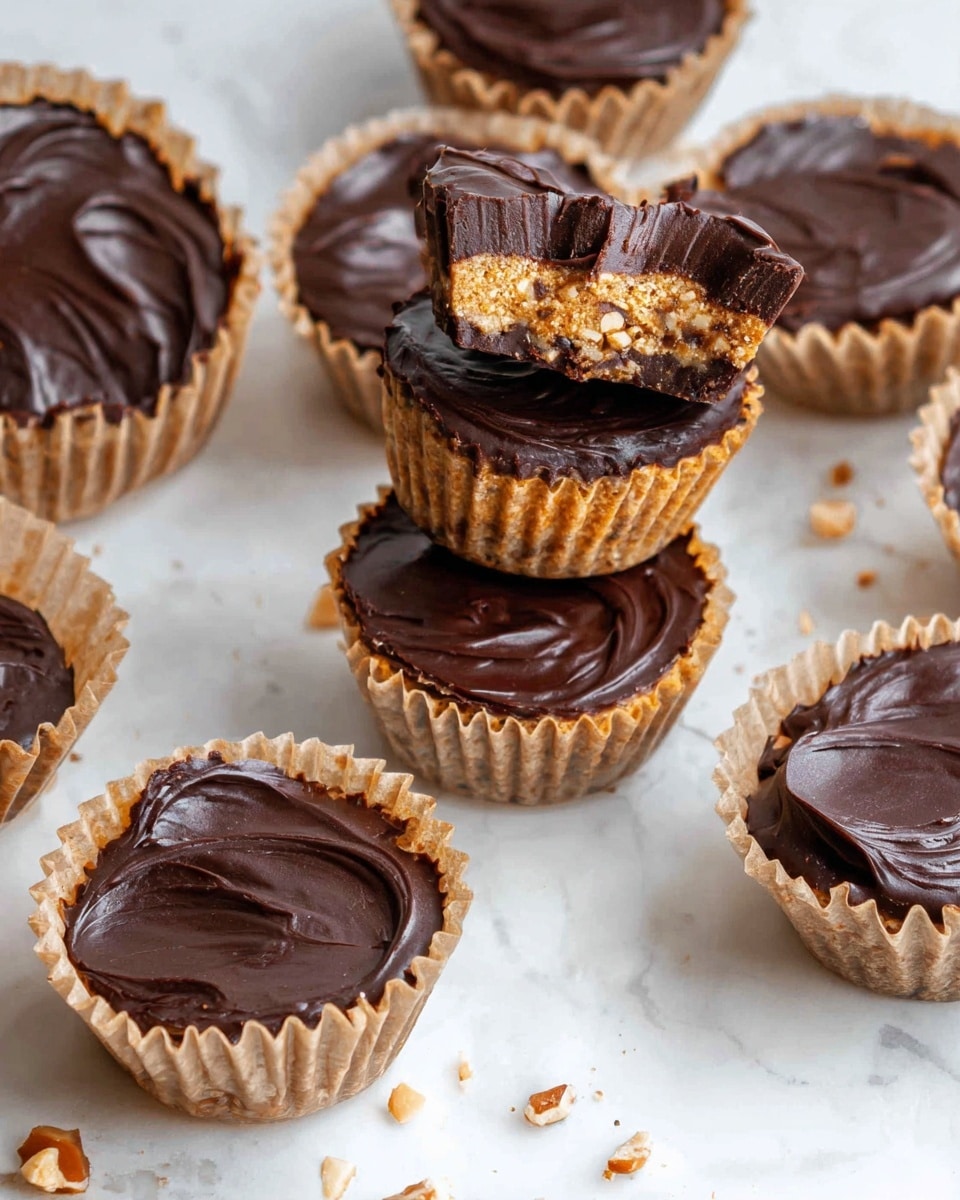 The image shows several small chocolate peanut butter cups arranged on a white marbled surface. Each cup has two visible layers: a textured bottom layer made of chopped peanuts and peanut butter, brown and slightly chunky, and a smooth, glossy dark chocolate top layer with a slight peak or swirl in the center. The cups are placed in beige, ridged paper liners, some of which are slightly open or crumpled around the edges. The focus is on the closest cups, with others softly blurred in the background, creating a cozy and homemade feel. photo taken with an iphone --ar 4:5 --v 7