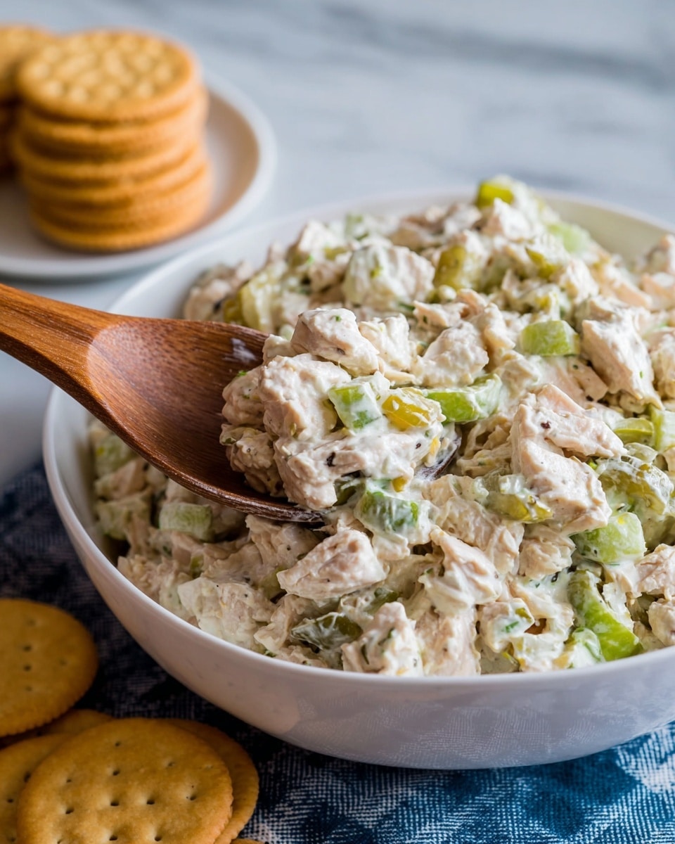 A close-up image of a white bowl filled with a creamy chicken salad that has chunks of light beige chicken mixed with small pieces of bright green celery and bits of pickles, all coated in a thick, slightly shiny white dressing. A wooden spoon is scooping up a portion of the salad, showing the mixed texture clearly. In the background, there is a white plate stacked with golden brown round crackers. The setting is on a white marbled surface with a blue and white cloth beneath the bowl. photo taken with an iphone --ar 4:5 --v 7