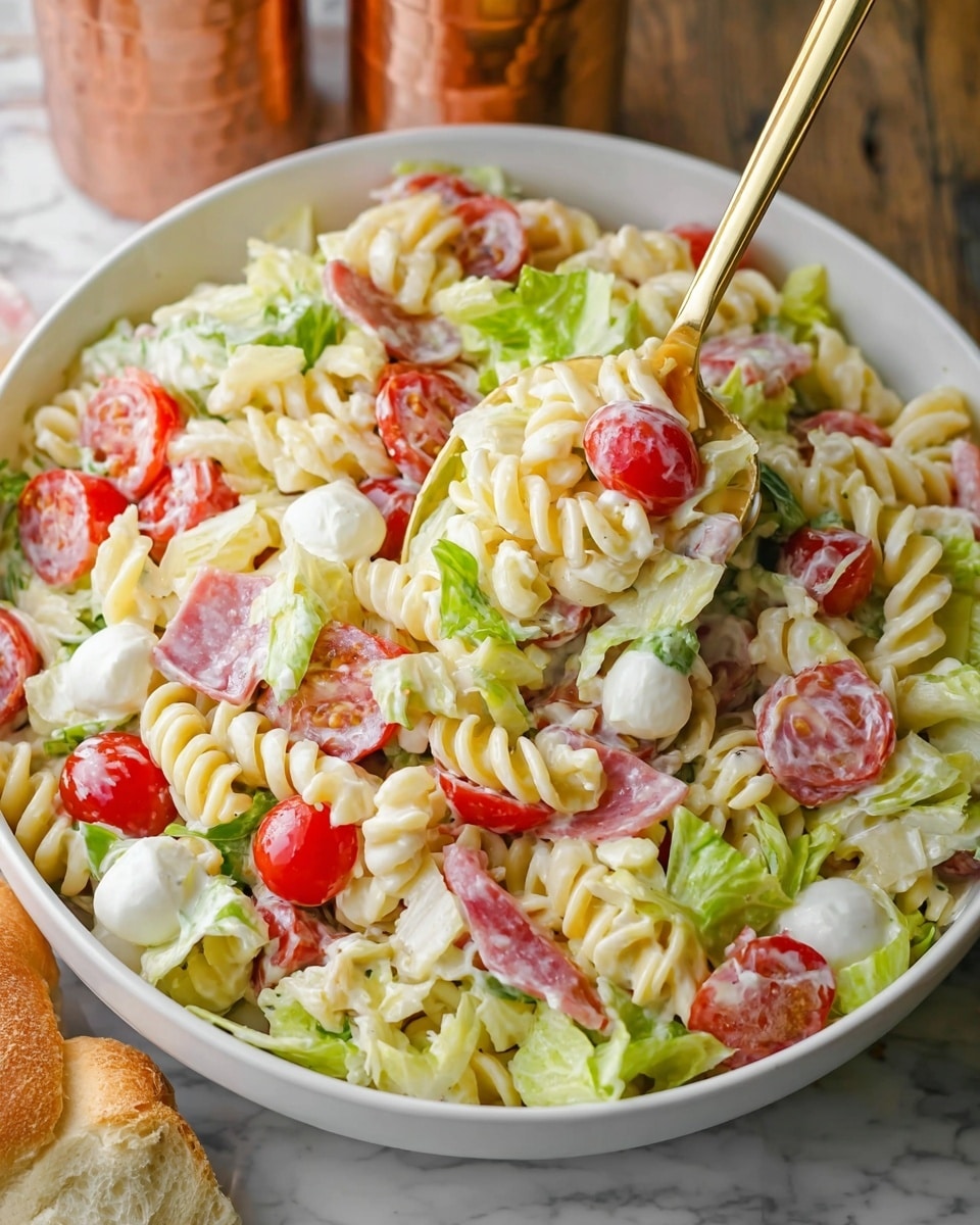 A white bowl filled with a creamy pasta salad showing three main layers: at the bottom and throughout, light beige spiral rotini pasta with a smooth texture; mixed in the middle are bright green chopped lettuce pieces with a slightly crisp look; scattered over and inside are slices of red cherry tomatoes, small white mozzarella balls, and thin strips of pink ham, all coated lightly with a creamy white dressing. A wooden spoon is scooping a serving from the bowl. The bowl sits on a white marbled texture surface with a red and white cloth nearby and two copper and brass shakers in the background. photo taken with an iphone --ar 4:5 --v 7