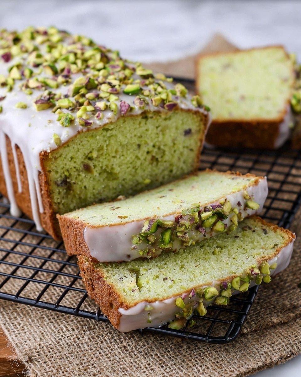 The image shows a loaf cake with two slices cut from it. The cake has two main layers: the inside is light green with a soft, moist texture, and the outside is a golden brown crust. The top layer is a white icing that drips slightly down the sides, covered with chopped green pistachios that add a crunchy texture and specks of purple and brown. The cake sits on a black wire cooling rack over a rough burlap cloth, all placed on a white marbled surface. Photo taken with an iphone --ar 4:5 --v 7