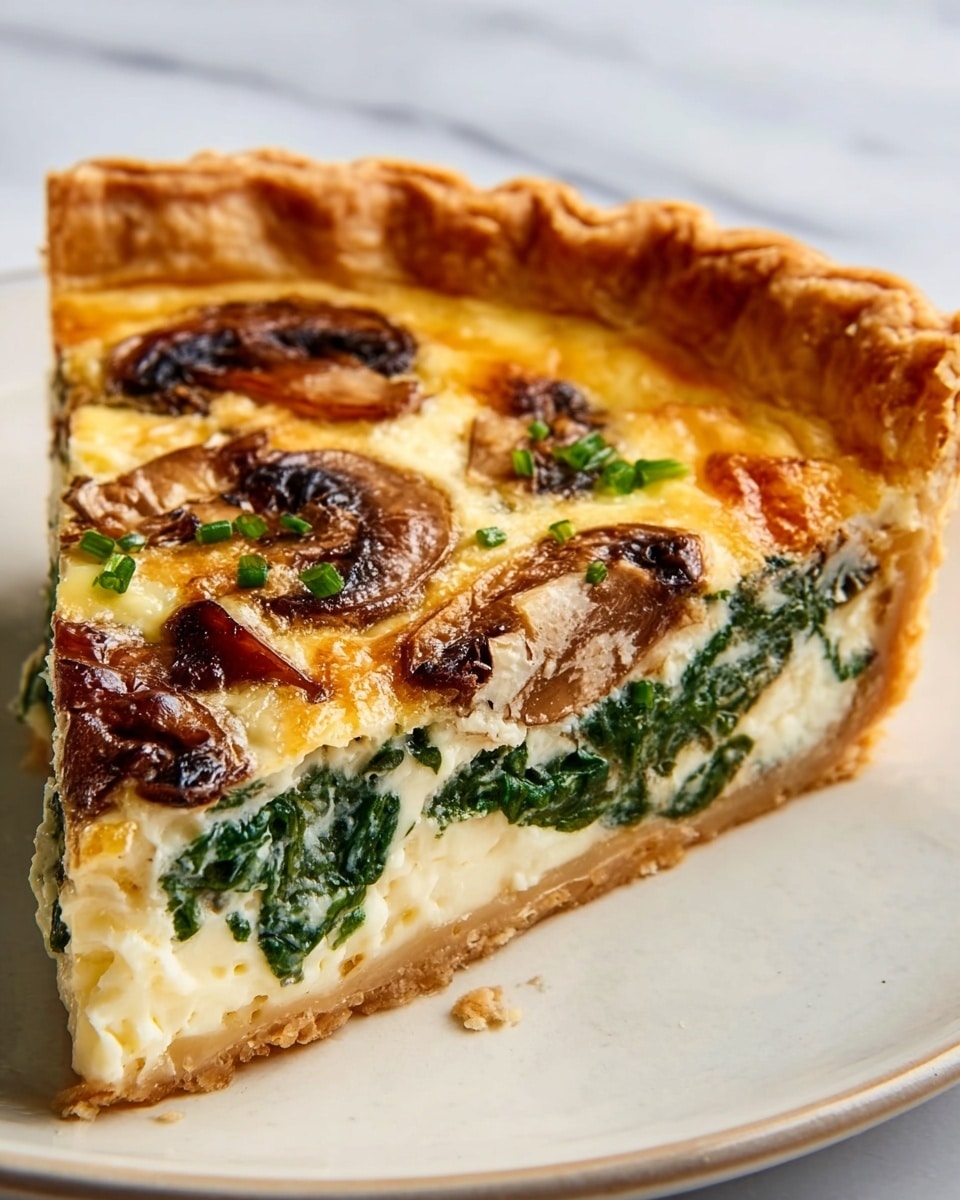 A close-up slice of quiche sits on a white plate with a white marbled surface underneath. The quiche has a golden-brown, flaky crust that is thick and crisp on the edges. Inside, there are three clear layers: the bottom layer of dark green spinach, a creamy white layer of cheese and eggs, and a top layer with browned melted cheese, caramelized mushrooms, and small green herb pieces scattered. The textures show the soft filling and the firm crust, with steam suggesting it is warm. Photo taken with an iphone --ar 4:5 --v 7