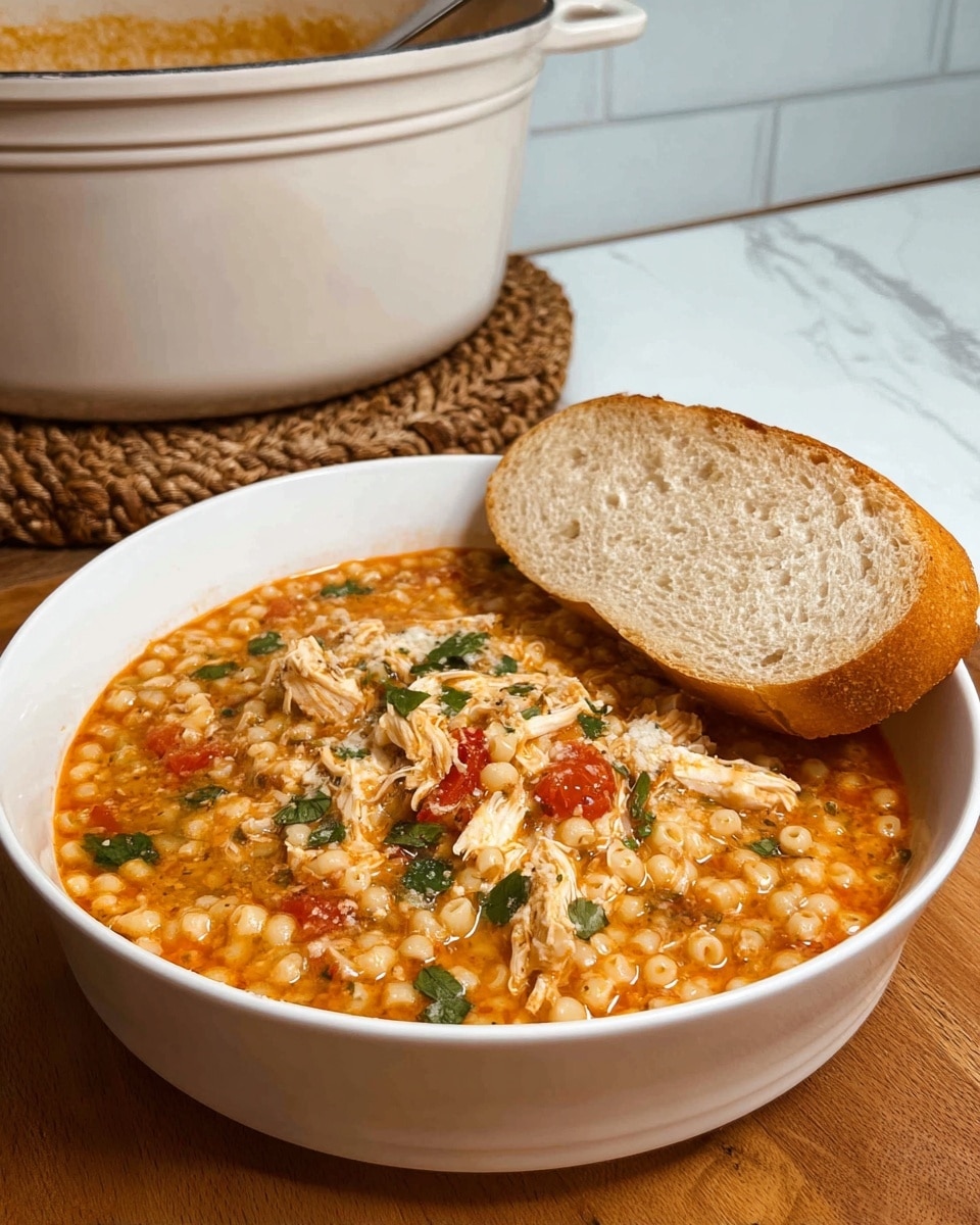 A white bowl filled with a thick, orange-red soup containing small pearl-like pasta, shredded chicken, and diced tomatoes, topped with melted shredded cheese and sprinkled with chopped green herbs, with a slice of crusty white bread resting on the side of the bowl; behind the bowl is a large white pot on a round woven mat, all placed on a wooden surface with a white marbled texture background. Photo taken with an iphone --ar 4:5 --v 7