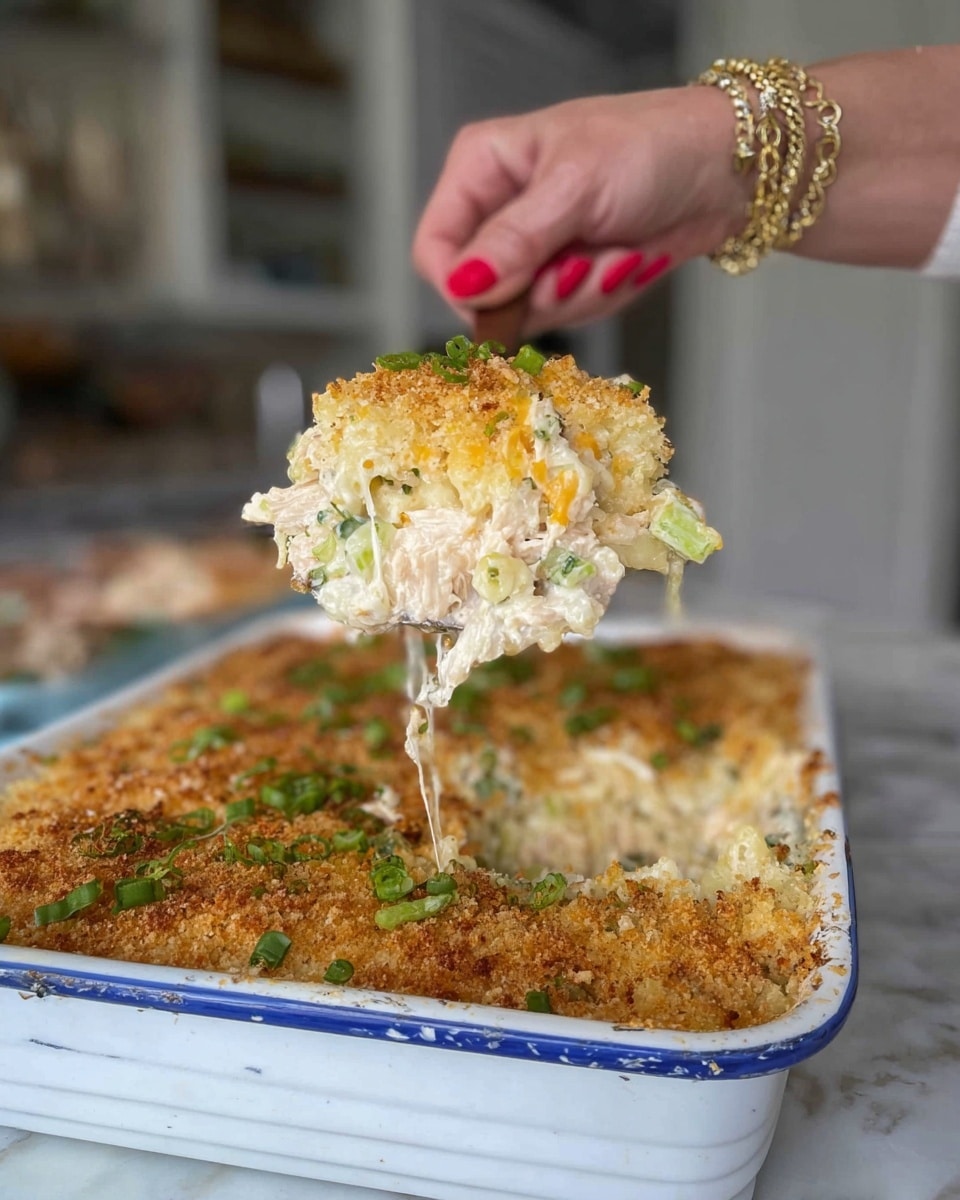 A piece of baked casserole is being lifted from a white ceramic baking dish with a blue edge by a woman's hand wearing a bracelet. The casserole has a golden brown crunchy top layer sprinkled with green chopped herbs. Inside, the creamy filling is pale yellow with visible small pieces of green and white, showing a soft and moist texture beneath the crisp crust. The white marbled surface is in the background with a blurred kitchen setting. photo taken with an iphone --ar 4:5 --v 7