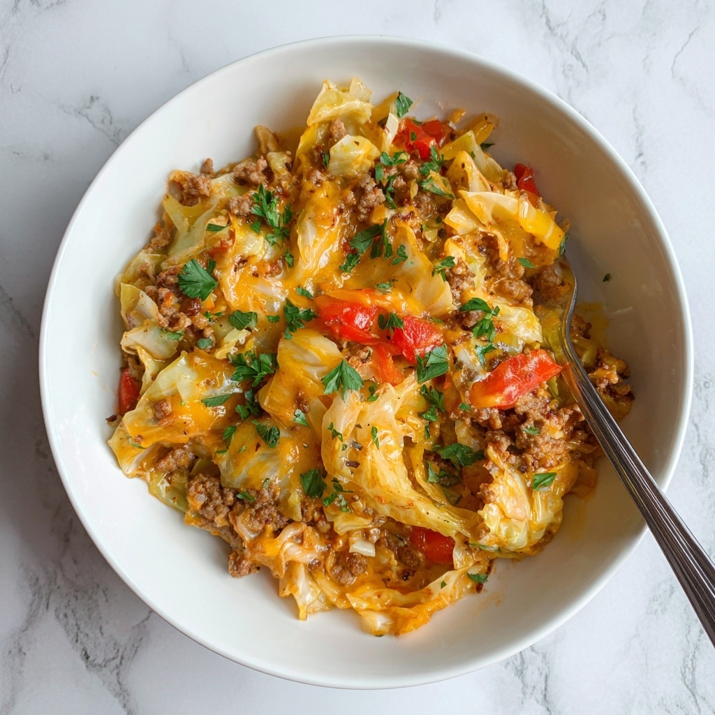 The image shows a close-up of a cooked dish in a dark skillet on a white marbled surface. The dish has a base layer of cooked cabbage pieces that are pale green and slightly soft, mixed with small chunks of browned ground meat. Scattered throughout are small bits of diced tomato adding red spots. On top is a thick, melted layer of both yellow and white cheese that looks gooey and stretchy, sprinkled with small green parsley leaves for color contrast. A wooden spoon is scooping a mixed portion of the dish, lifting cabbage, meat, and melted cheese together. Photo taken with an iphone --ar 4:5 --v 7