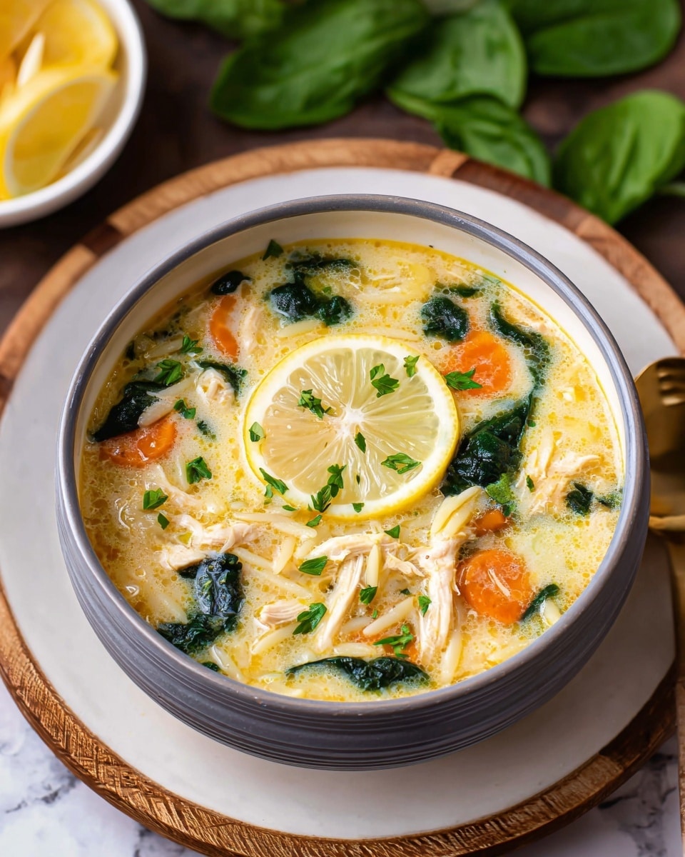 A close-up image of a creamy chicken soup served in a white bowl with a gray rim, showing a spoonful held above the bowl. The soup has a light yellow, creamy broth with small orange carrot pieces scattered throughout, along with small white pasta, shredded chicken pieces, and fresh green spinach leaves. A slice of lemon and small green herb leaves float on the surface, adding color contrast. The bowl sits on a white marbled texture, with a wooden and metal spoon resting inside the soup. Photo taken with an iphone --ar 4:5 --v 7