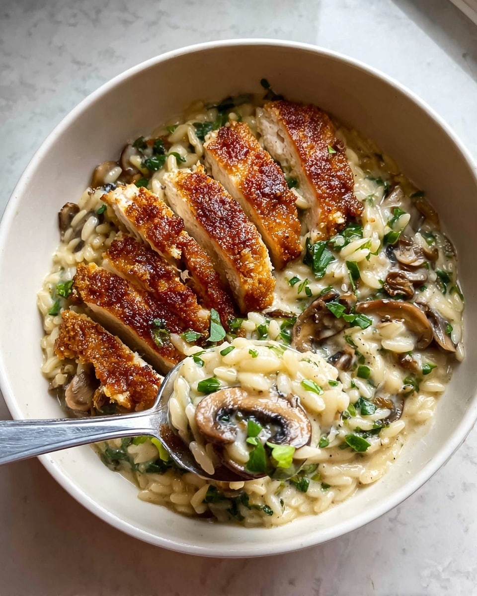 A white bowl with a dish made of three main layers: the bottom layer is light yellow orzo pasta mixed with green spinach and black sliced mushrooms, creating a soft texture; on top, there is a sliced piece of golden brown crispy chicken breast, cut into five thick strips with a crunchy surface; a fork holding a bite in the foreground shows a close-up of a mushroom slice, some spinach, and orzo pasta. The bowl is placed on a white marbled surface. Photo taken with an iphone --ar 4:5 --v 7