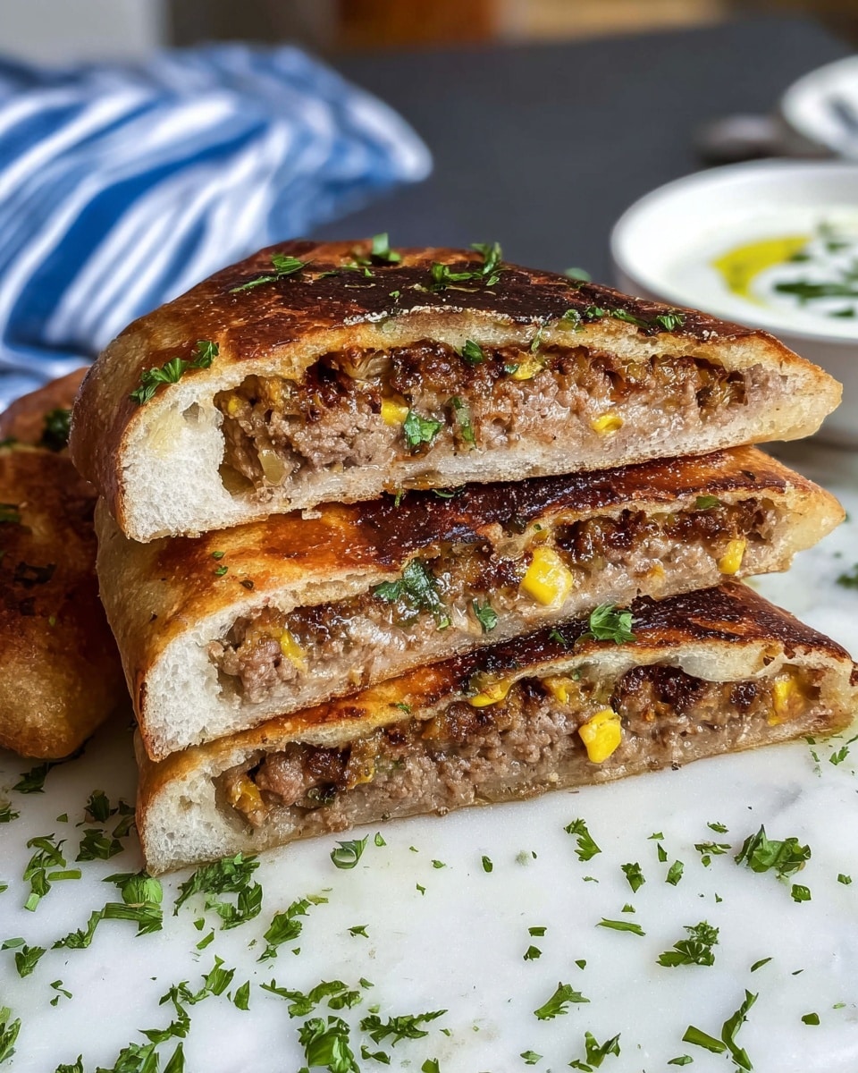 The image shows two halves of a stuffed flatbread stacked on top of each other, cut open to reveal a thick filling inside. The flatbread has a golden brown crust with some darker browned spots, while the filling is a mix of beige and light brown ground meat, with visible bits of white and green herbs scattered throughout. The edges of the flatbread have a slightly charred, crispy texture. Some green herb sprinkles are on the cutting surface below the flatbread, which is a gray board placed on a white marbled texture. In the background, there are some stacked white pita breads and a blue-striped kitchen towel partly visible. Photo taken with an iphone --ar 4:5 --v 7