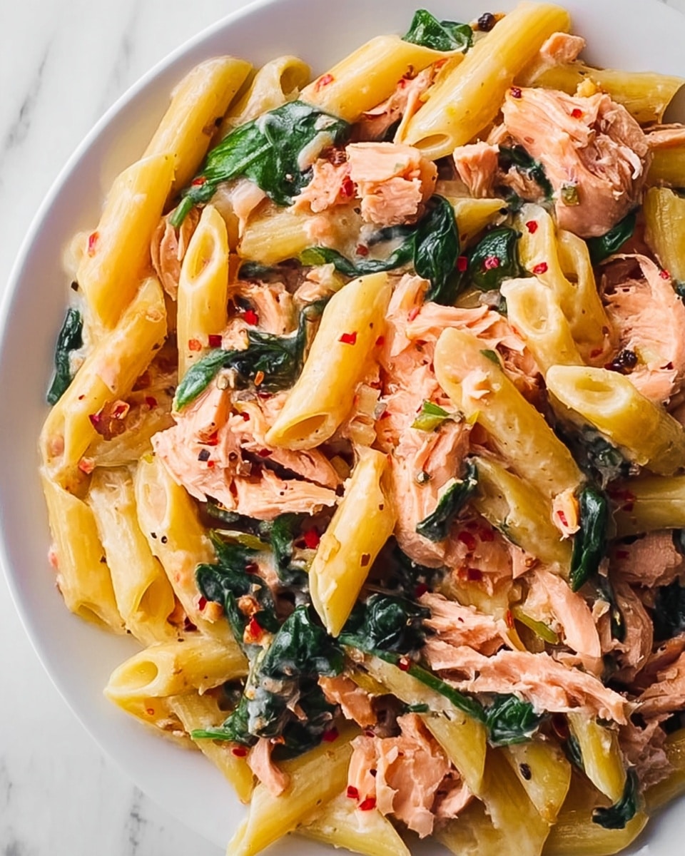 This close-up image shows a dish of penne pasta mixed with pieces of pink salmon and dark green spinach leaves. The pasta is light yellow and smooth, coated with a creamy sauce that has small red chili flakes sprinkled throughout. The salmon is flaky and spread evenly throughout the pasta, while the spinach adds a fresh, leafy contrast. The dish is displayed on a white plate sitting on a white marbled surface. The photo taken with an iphone --ar 4:5 --v 7