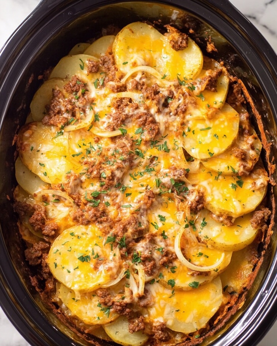 A close-up image shows a fork lifting a layered dish made of three main layers. The bottom layer is light yellow cooked onion strips, soft and slightly translucent with a smooth texture. The middle layer is cooked ground beef, brown and crumbly with a moist look. The top layer is melted cheddar cheese, bright orange and gooey, covering the meat and onions. The dish is in a white bowl placed on a white marbled surface, with a blurry white napkin in the background. photo taken with an iphone --ar 4:5 --v 7