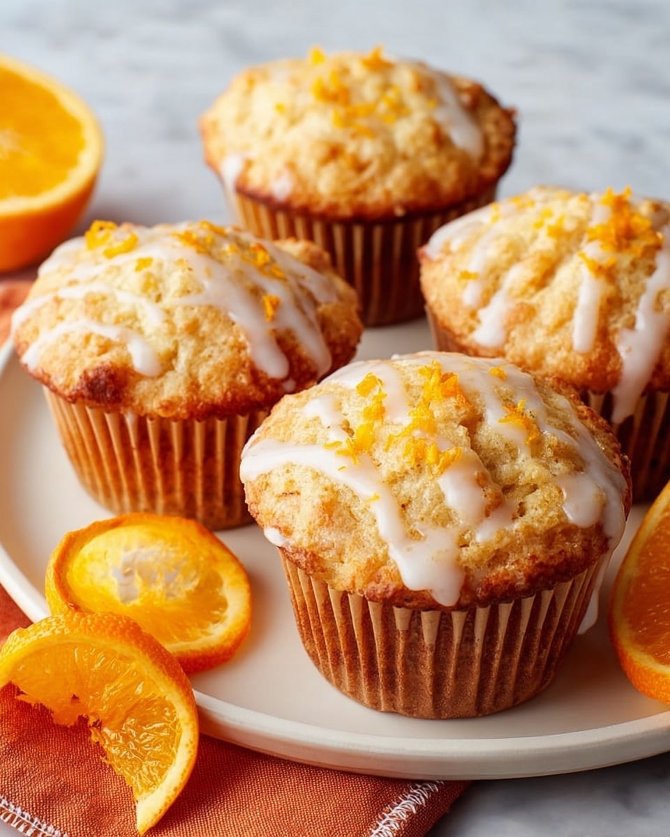 The image shows four orange muffins placed on a white marbled surface; each muffin has a golden-brown textured top with a drizzle of white glaze and bright orange zest sprinkled over it. Three muffins are grouped close together in the background, while one muffin is in the front center, sitting directly on the surface. To the left, there are two orange slices—one whole slice and one partially peeled orange twist—that add a fresh pop of color. In the background on the right side, there is a folded orange cloth with white stitching, partially under one muffin. The whole scene is lit softly, highlighting the moist and crumbly texture of the muffins. photo taken with an iphone --ar 4:5 --v 7