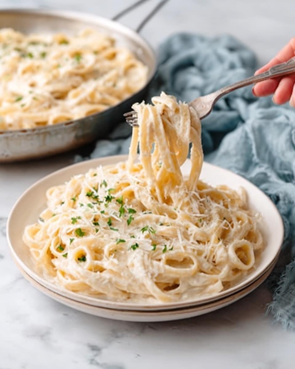 A white plate holds creamy fettuccine pasta covered in a thick, white Alfredo sauce, garnished with small green herb pieces scattered on top and around. The pasta strands are soft and layered loosely in a mound. On the right side of the plate rests a chunk of crusty, light golden brown bread with a rough texture and airy inside. At the bottom edge of the plate, a silver fork with a wooden handle has a small bite of pasta twirled on its tines. The plate sits on a blue napkin with a white flower pattern, all placed on a white marbled surface. Photo taken with an iphone --ar 4:5 --v 7