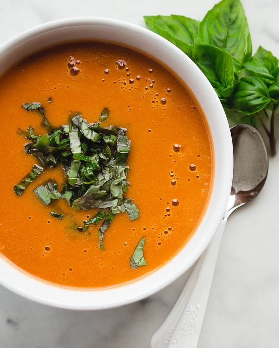 A white bowl filled with smooth, orange tomato soup topped with dark green chopped basil leaves, showing a few small bubbles on the surface; the bowl sits on a white marbled table next to a white ceramic soup spoon and fresh green basil leaves. photo taken with an iphone --ar 4:5 --v 7