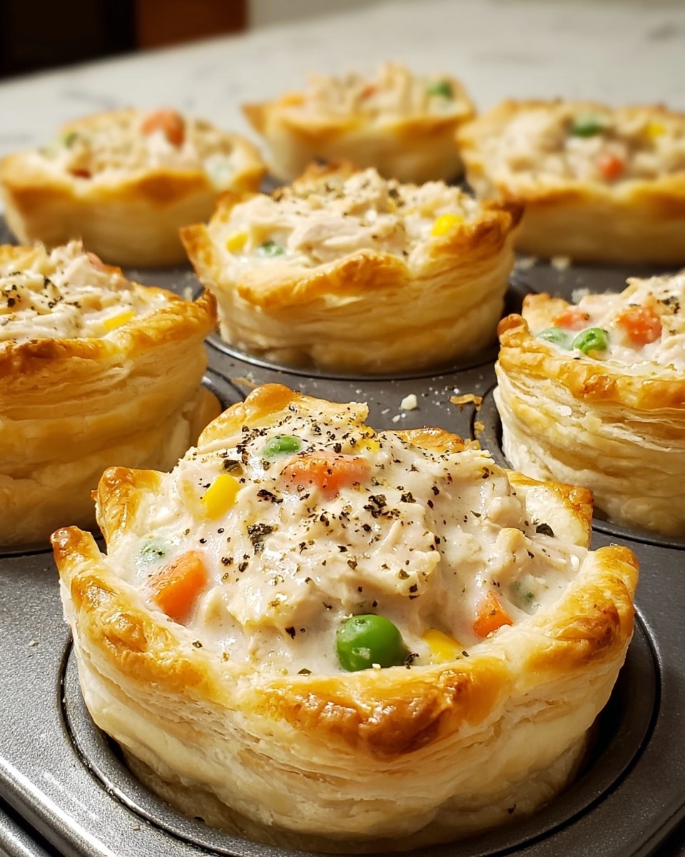 This image shows several puff pastry cups filled with a creamy chicken and vegetable mixture, sitting inside a muffin tin. Each pastry cup has multiple golden-brown, flaky layers forming a round shell, with the edges slightly crisp and puffed up. The filling inside is thick and white, with visible small pieces of carrot, green peas, and corn, giving pops of orange, green, and yellow color. The tops are sprinkled with ground black pepper, adding small dark specks over the creamy surface. The overall look is warm, freshly baked, and savory on a white marbled countertop. photo taken with an iphone --ar 4:5 --v 7