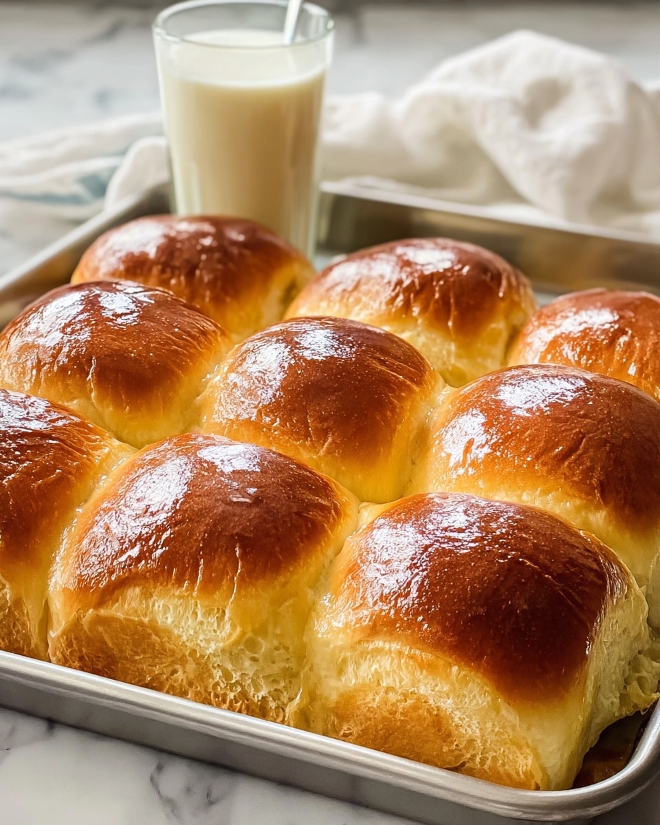 A metal baking tray holds nine golden brown sweet buns arranged in three rows of three, each bun with a shiny, slightly cracked top that reflects soft light, showing a smooth, golden outer layer that appears fluffy and soft underneath; the buns are closely packed, with light visible between some edges, revealing their airy texture. The tray is set on a white marbled surface with a white cloth nearby, and a clear glass filled with a creamy white liquid behind the buns. photo taken with an iphone --ar 4:5 --v 7