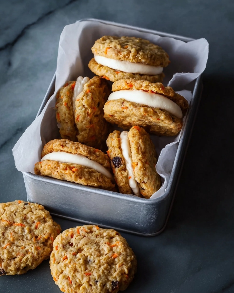 A metal tray filled with round sandwich cookies made of two textured carrot cake-like layers with visible bits of orange carrot and darker spots, held together by a thick layer of smooth white cream in the middle. The tray is lined with crumpled white parchment paper. Two cookies are placed outside the tray on a dark blue textured surface, with one standing on its side and the other lying flat. The overall color palette shows warm orange and brown tones of the cookies contrasted with the bright white cream. photo taken with an iphone --ar 4:5 --v 7