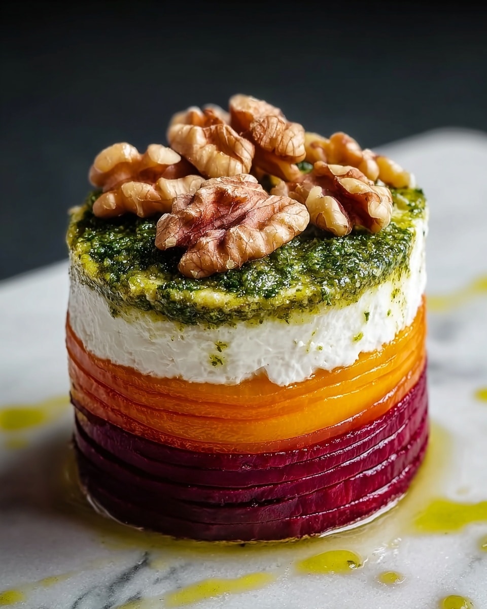 The dish is a small, round stack made of four visible layers. The bottom layer is made of thin, bright orange slices with a smooth, slightly shiny texture, topped by a thick, fluffy white layer that looks creamy. Above this is a dark reddish-purple layer, smooth and glossy like cooked beets, followed by another thick, white creamy layer. On top of this is a coarse, green spread that looks like pesto, and it is decorated with several whole walnut halves. The stack sits on a white marbled surface with some golden oil drizzled around its base. photo taken with an iphone --ar 4:5 --v 7