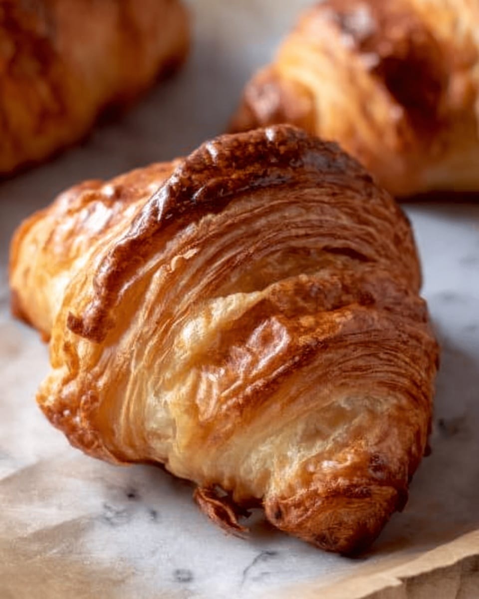 The image shows a close-up of a golden brown croissant with a shiny, flaky crust, highlighting its many thin, crispy layers that curl gently at the edges. The croissant sits on parchment paper, with a white marbled texture visible softly in the background, suggesting a fresh, warm baked feel. Nearby, parts of other croissants appear slightly out of focus. The texture of the croissant is crispy on the outside with a soft, light inside suggested by the visible air pockets between the layers. photo taken with an iphone --ar 4:5 --v 7
