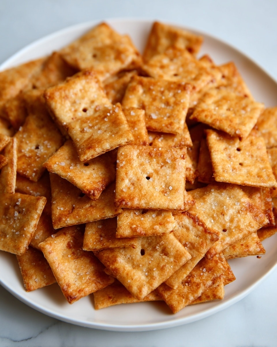 A close-up top view of a glass jar filled with small, square golden-brown crackers that have a rough, crispy texture and are sprinkled with salt. Around the jar, a few crackers are scattered on a white marbled surface. The jar rim is clear and shiny, showing the crackers stacked tightly inside. photo taken with an iphone --ar 4:5 --v 7