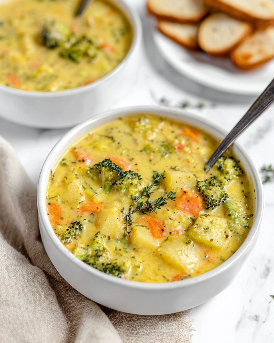 A close-up of creamy vegetable soup in a white bowl filled to the top, showing chunks of broccoli, carrots, potatoes, and a thick yellow broth mixed with green and orange bits. The soup has a soft texture with visible herbs and a small sprig of thyme placed on top as garnish. A silver spoon rests inside the bowl. Another bowl of the same soup is slightly blurred in the background, sitting on a beige cloth on a white marbled surface. There is a white plate with slices of toasted bread in the top right corner, also on the white marbled surface. photo taken with an iphone --ar 4:5 --v 7