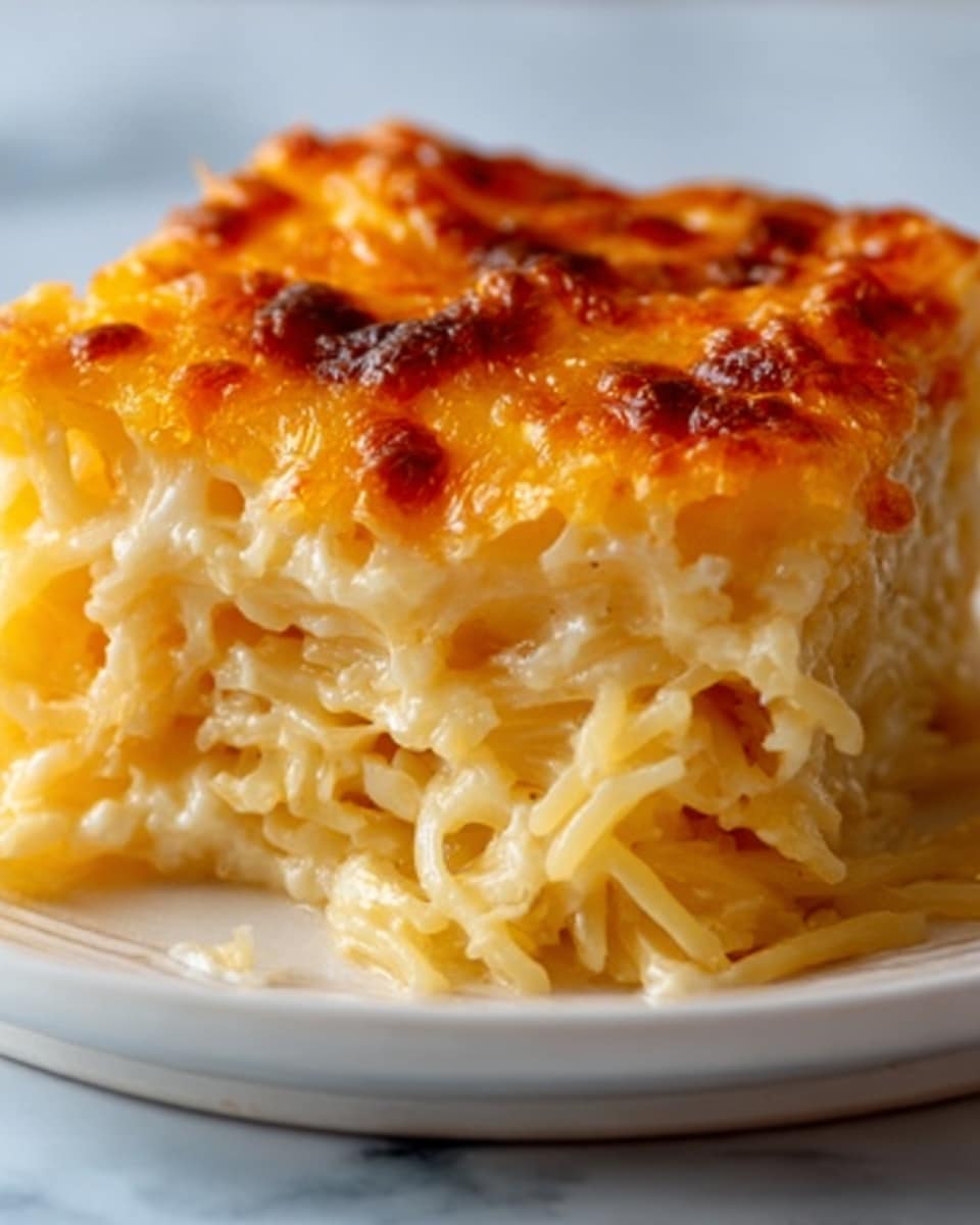 The dish is a square piece of creamy white hashbrown casserole topped with a melted layer of golden orange cheddar cheese. The casserole shows soft, shredded potato strands coated in a rich cream sauce, with some small black pepper bits visible throughout. The cheese layer is smooth with slight bubbling and extends slightly over the edges of the casserole. Behind the plate, there is a white bowl filled with the same casserole and a red and white checkered cloth in the background, all set on a white marbled surface. photo taken with an iphone --ar 4:5 --v 7