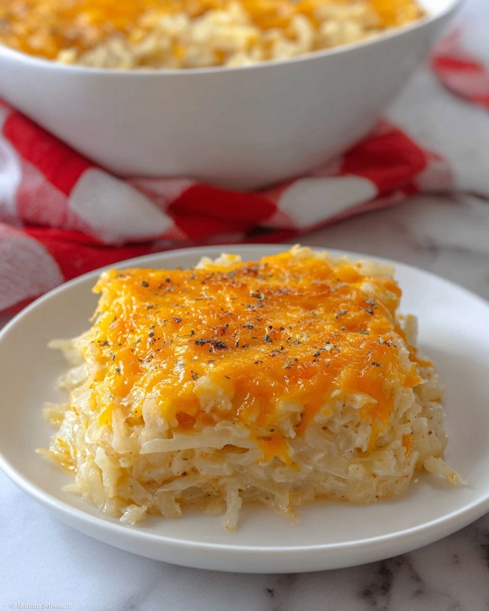 A close-up of a single serving of baked pasta on a white plate, showing about three layers. The bottom layer consists of long pasta strands with a creamy, light yellow sauce coating them. Above this is a thicker creamy filling with a cheesy texture, melting and slightly bubbly. The top layer is golden-brown melted cheese with a slightly crispy finish and small browned spots. The background is a white marbled surface. Photo taken with an iphone --ar 4:5 --v 7