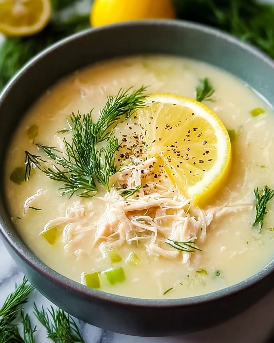 A close-up view of a creamy soup served in a white bowl, showing a pale yellow base with small bits of shredded white chicken and thin slices of light green celery floating in the soup. On top, an uneven sprinkle of cracked black pepper is visible, along with a few bright green sprigs of fresh dill placed near the center. A thin half-moon slice of yellow lemon with a textured peel rests on the edge of the soup, adding a fresh look to the dish. The bowl is set on a white marbled surface creating a clean and simple background. photo taken with an iphone --ar 4:5 --v 7