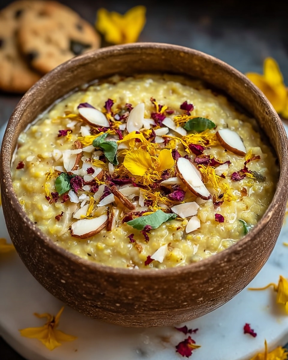 The image shows a brown textured bowl filled with creamy yellow porridge that has a thick, slightly grainy texture. The porridge is topped with a colorful mix of thinly sliced almonds, green leaves, bright yellow flower petals, and small deep red flower petals scattered on top. The bowl sits on a white marbled surface with a few yellow and red petals around it, and blurred cookies are visible in the background. photo taken with an iphone --ar 4:5 --v 7