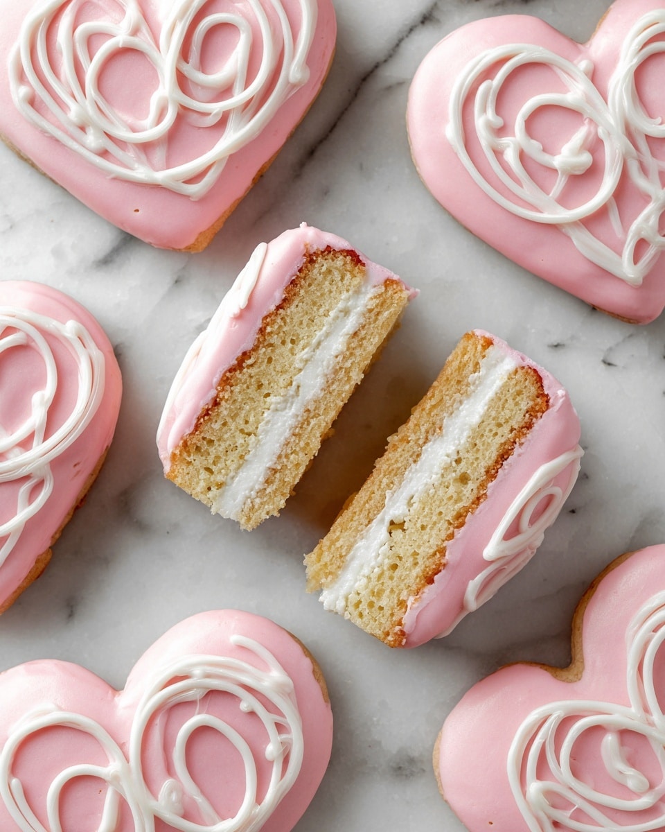 The image shows several heart-shaped cookies covered in smooth pink icing, each decorated with a swirling white icing pattern on top. One cookie is cut in half, revealing two light golden cake layers with a thick white cream layer in the middle. The pink icing covers the sides of the cookies as well, creating a neat, soft texture. The cookies rest on a white marbled surface that gives a clean and elegant background. photo taken with an iphone --ar 4:5 --v 7