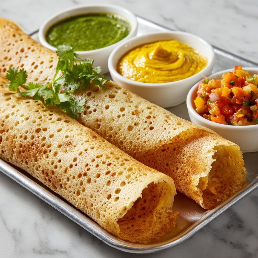 Two golden brown, thin, rolled crepes with small holes on their surface lie side by side on a silver tray, garnished with a small sprig of fresh green cilantro on top. To the left of the crepes, three small white bowls hold different sauces: a bright green sauce with a slightly chunky texture, a smooth yellow sauce swirled on top, and a chunky reddish-orange sauce filled with diced vegetables. The tray rests on a white marbled surface. photo taken with an iphone --ar 4:5 --v 7