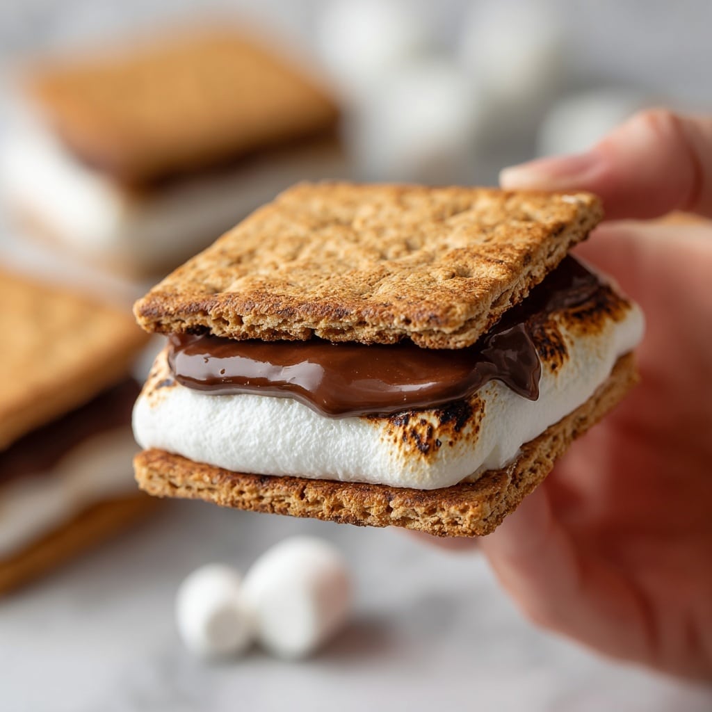 A close-up of a s’more stack showing three layers, starting with a square, light brown graham cracker at the base with a slightly rough texture. On top sits a large, fluffy white toasted marshmallow with a soft, slightly wrinkled texture. Above that is another square light brown graham cracker layer, then another toasted marshmallow layer similar to the first one. Finally, the stack is topped with a third graham cracker square. The s’mores rest on a dark wooden board, with a blurred white marbled surface in the background. Photo taken with an iphone --ar 4:5 --v 7