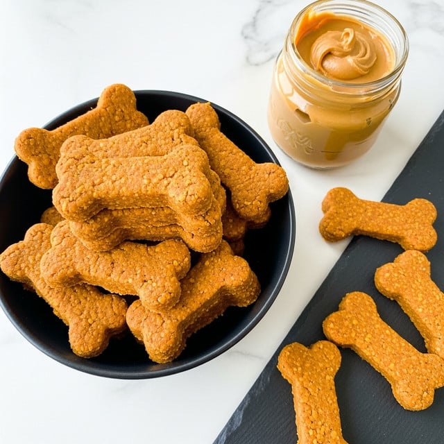 The image shows a black bowl filled with many orange-brown dog bone-shaped biscuits stacked on top of each other, each having a rough, crumbly texture. Some biscuits are scattered outside the bowl on a dark background, and a jar filled with creamy peanut butter sits in the upper right corner with a small dollop visible on top. The overall setting is on a white marbled surface. photo taken with an iphone --ar 4:5 --v 7