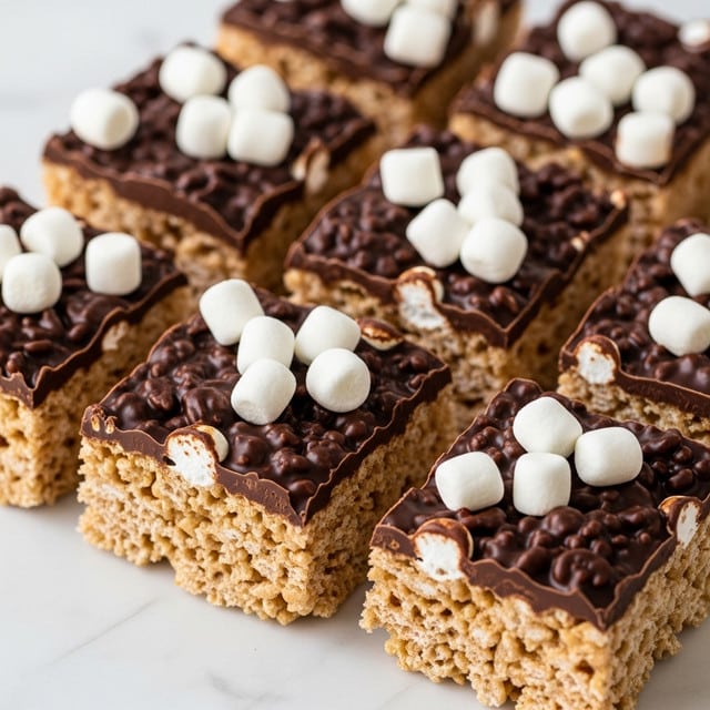 Six square pieces of a crispy rice treat mixed with chocolate are arranged closely on a white marbled surface. The top layer is rough and bumpy with clusters of puffed rice all covered in a thick, shiny layer of dark brown chocolate. Scattered unevenly on top are small, soft white marshmallows, adding a contrast in color and texture. The pieces are neatly cut but not perfectly smooth, showing the homemade feel of the treat. photo taken with an iphone --ar 4:5 --v 7