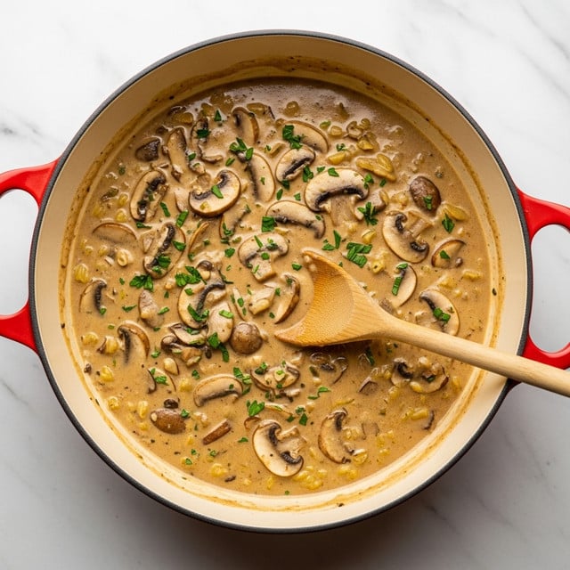This image shows a light brown creamy mushroom sauce with herbs in a large white pot. The sauce has visible slices of brown mushrooms and small green herb bits scattered evenly throughout. A wooden spoon with a long handle is resting in the pot, partially covered by the sauce and mushrooms. The background is a white marbled surface, and the pot’s edge is just visible with a hint of red on the handles. photo taken with an iphone --ar 4:5 --v 7