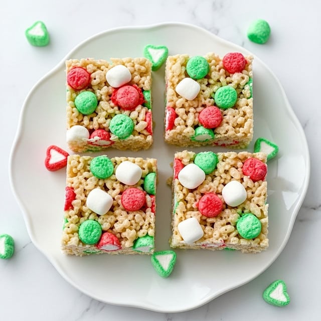 Four square rice crispy treats are placed on a white scalloped-edged plate over a white marbled surface. Each treat is made of puffed rice cereal mixed with melted marshmallows, showing a light beige color with scattered red, green, and white marshmallow pieces throughout. Small green heart-shaped marshmallows are scattered on the plate around the treats, adding color contrast. The texture is slightly glossy with a firm, chewy appearance. photo taken with an iphone --ar 4:5 --v 7