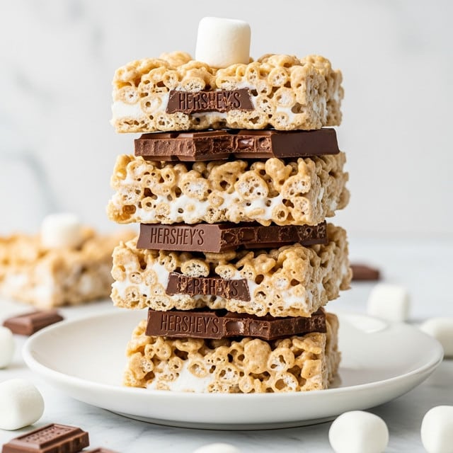 The image shows a stack of treats made of layers of golden-brown cereal pieces mixed with melted white marshmallow, giving it a sticky and shiny texture. Between the cereal layers, there are broken pieces of milk chocolate with visible Hershey's logos, some with bite marks showing smooth chocolate inside. The top layer is topped with a small white marshmallow. The stack sits on a white plate placed on a white marbled surface. A few whole white marshmallows and chocolate pieces are scattered around the base of the stack. photo taken with an iphone --ar 4:5 --v 7