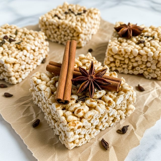The image shows four square cereal bars made of puffed rice bound with a light sticky mixture, giving them a glossy beige color with a slightly rough texture. One bar is decorated on top with two whole cinnamon sticks placed diagonally and a star anise beside them, both resting flat on the bar. The bars are set on a crumpled light brown paper that contrasts with their smooth surface. Small bits of dark spices are scattered between and on the bars, adding visual interest. The background is a white marbled texture. photo taken with an iphone --ar 4:5 --v 7