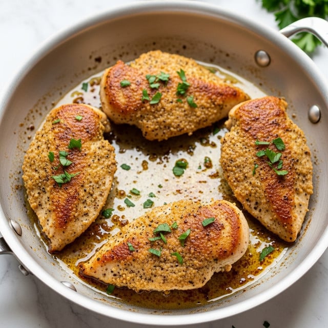 Four pieces of cooked chicken breast with a golden brown crust sit in a light silver frying pan. The chicken has a coarse texture with visible seasoning like pepper and small green parsley pieces sprinkled on top. The pan has some oil and browned bits around the chicken, enhancing the rich look. The background is a white marbled texture with a few blurred green herbs. photo taken with an iphone --ar 4:5 --v 7