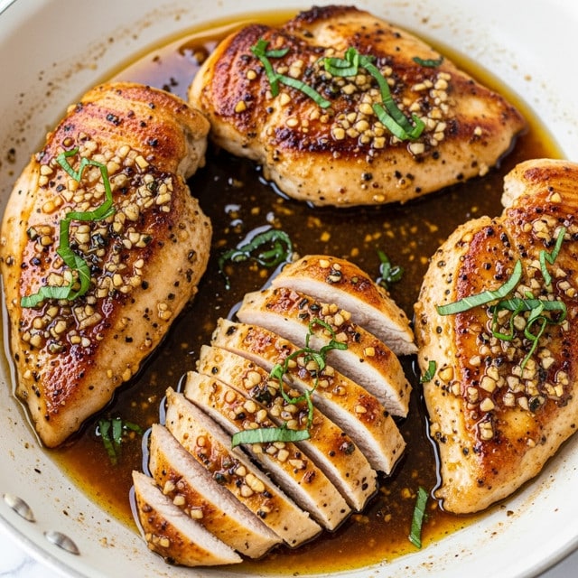 The image shows several pieces of cooked chicken breast in a pan, with one piece sliced into thick strips. The chicken has a golden-brown color with a slightly crispy texture, and is covered in a shiny, sauce made of oil, garlic, and small pieces of herbs and spices. Green herb leaves are sprinkled on top of the chicken as garnish. The sauce pools around the chicken in the pan, giving the dish a rich look. The background has a white marbled texture. Photo taken with an iphone --ar 4:5 --v 7