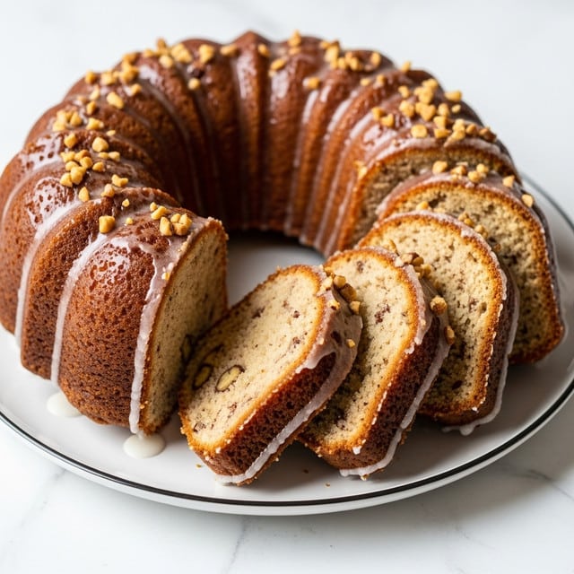 A sliced bundt cake with a golden brown crust and a shiny glaze sits on a white plate with a thin black rim, placed on a white marbled surface. The cake slices reveal a soft, moist inside with small nut pieces scattered throughout, showing a light beige color with slightly darker spots. The bundt cake has distinct ridges on the outside, coated in the same glossy glaze that drips slightly onto the plate. The slices are arranged in a semi-circle, emphasizing the cake’s texture and glaze detail. photo taken with an iphone --ar 4:5 --v 7