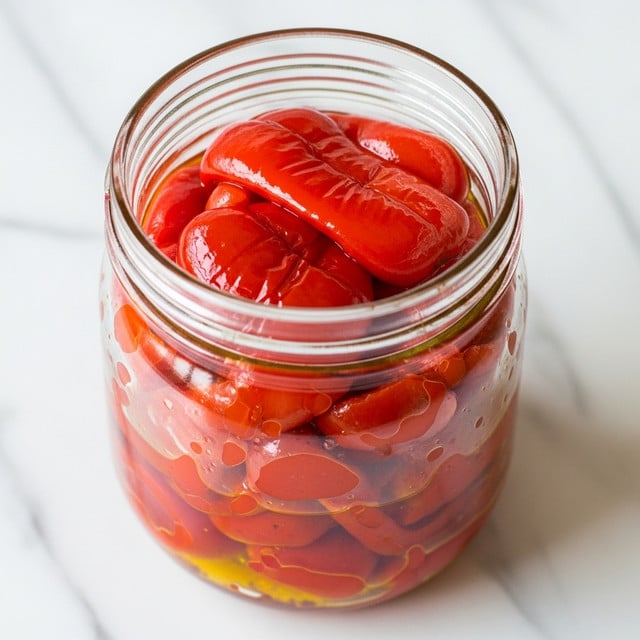 A clear glass jar with a white lid is filled with a single layer of shiny, bright red roasted bell pepper pieces. The pepper pieces have a soft, slightly wrinkled texture and sit in a thin layer of golden oil at the bottom of the jar. The background is a white marbled texture, and the jar is photographed close-up to show the details of the pepper skin and oil inside. photo taken with an iphone --ar 4:5 --v 7