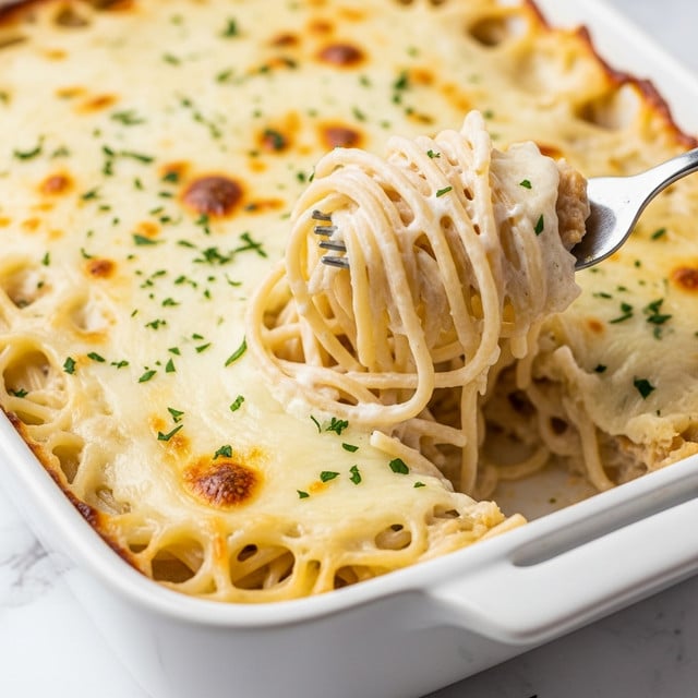 A close-up image of a creamy baked pasta dish in a white baking dish, showing a fork lifting a thick portion. The dish has several layers of spaghetti noodles covered in a rich white cheese sauce with some lightly browned spots on top. The sauce is smooth and glossy with small bits of green herbs scattered across the surface. The noodles beneath are soft and tangled, coated fully in the creamy sauce. The white marbled texture surface beneath the dish adds a clean, bright background. Photo taken with an iphone --ar 4:5 --v 7