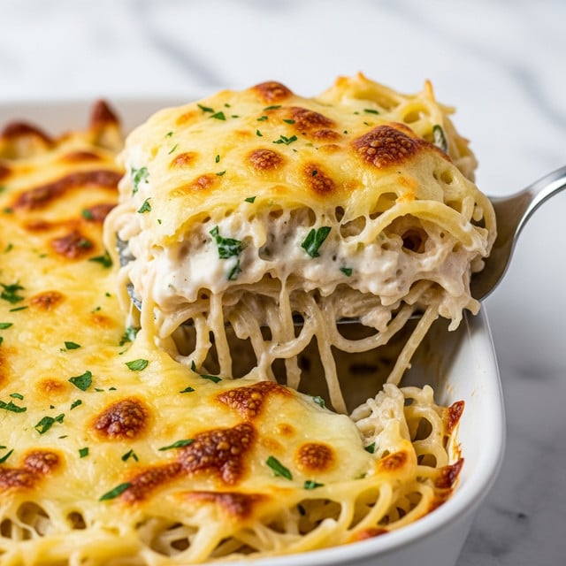 A close-up of a creamy baked pasta dish in a white dish, showing one serving being lifted with a metal spatula. The dish has about three layers: a top layer of melted golden and white cheese with light browning, a middle layer of creamy white sauce mixed with strands of spaghetti noodles, and a bottom layer of soft pasta. Small bits of green herbs are sprinkled throughout the creamy sauce and cheese. The background is a white marbled surface. Photo taken with an iphone --ar 4:5 --v 7